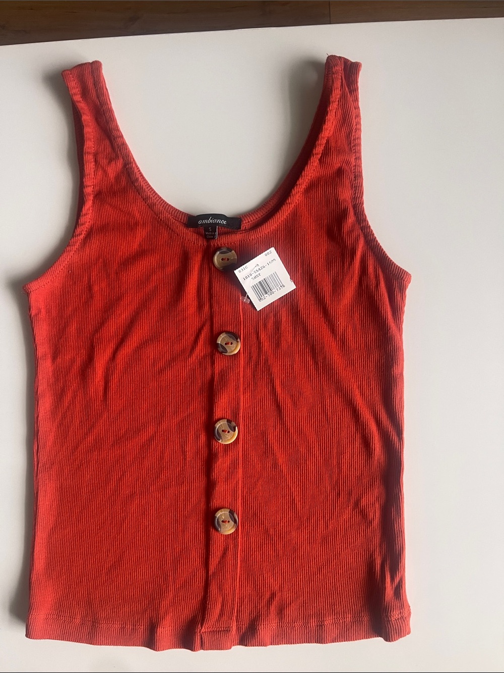 Ambiance Bright Coral Ribbed Button Tank